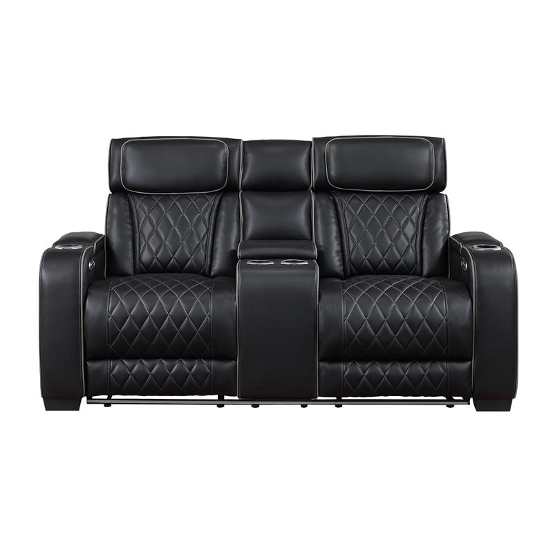 Pemberly Row Faux Leather Power Reclining Sofa with LED USB Wireless in Black