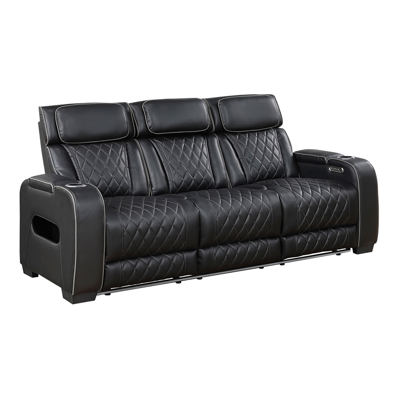 Pemberly Row Faux Leather Power Reclining Sofa with LED USB Wireless in Black