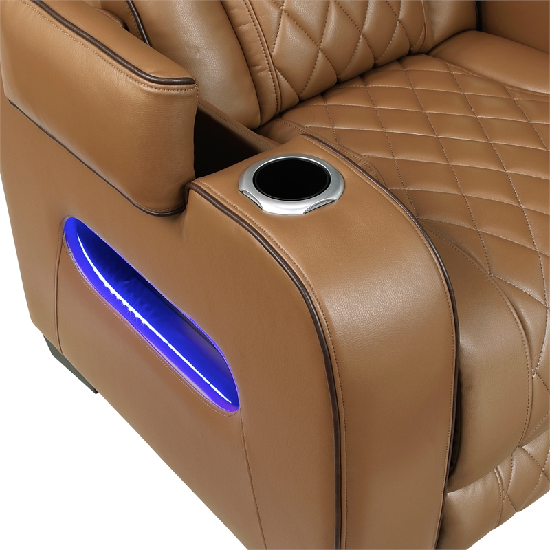 Pemberly Row Faux Leather Power Reclining Loveseat with LED and USB in Brown