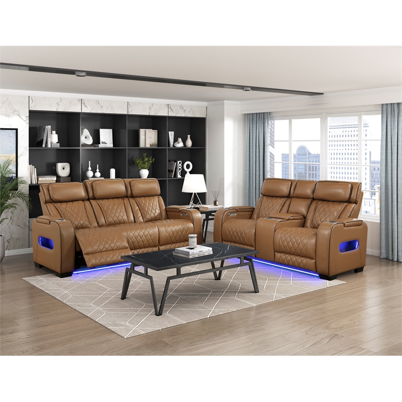Pemberly Row Faux Leather Power Reclining Loveseat with LED and USB in Brown