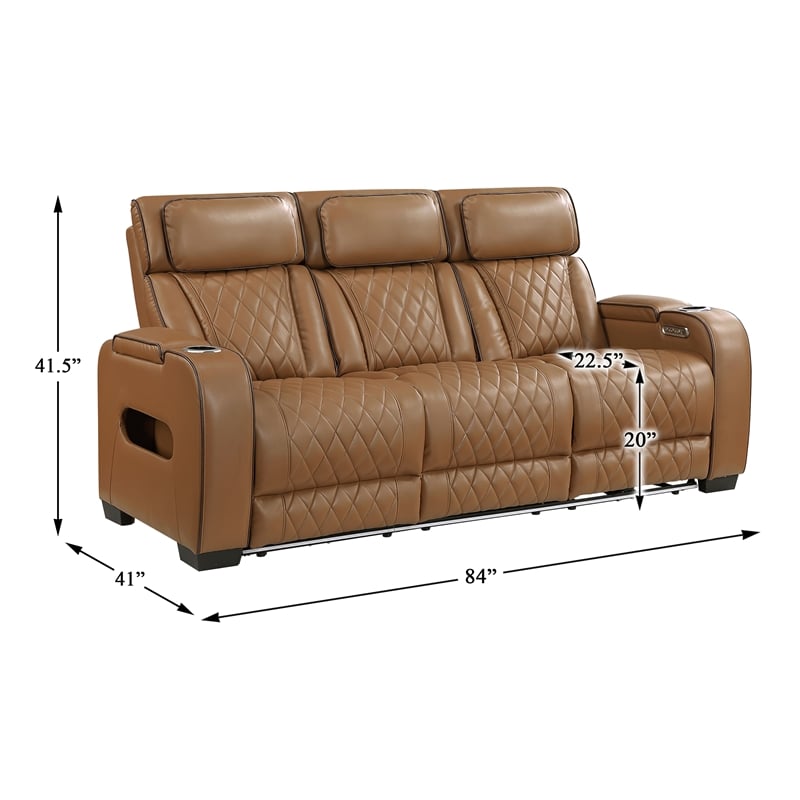 Pemberly Row Faux Leather Power Reclining Sofa LED USB Wireless in Brown
