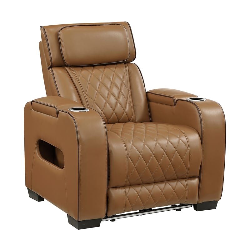 Pemberly Row Faux Leather Power Reclining Sofa LED USB Wireless in Brown