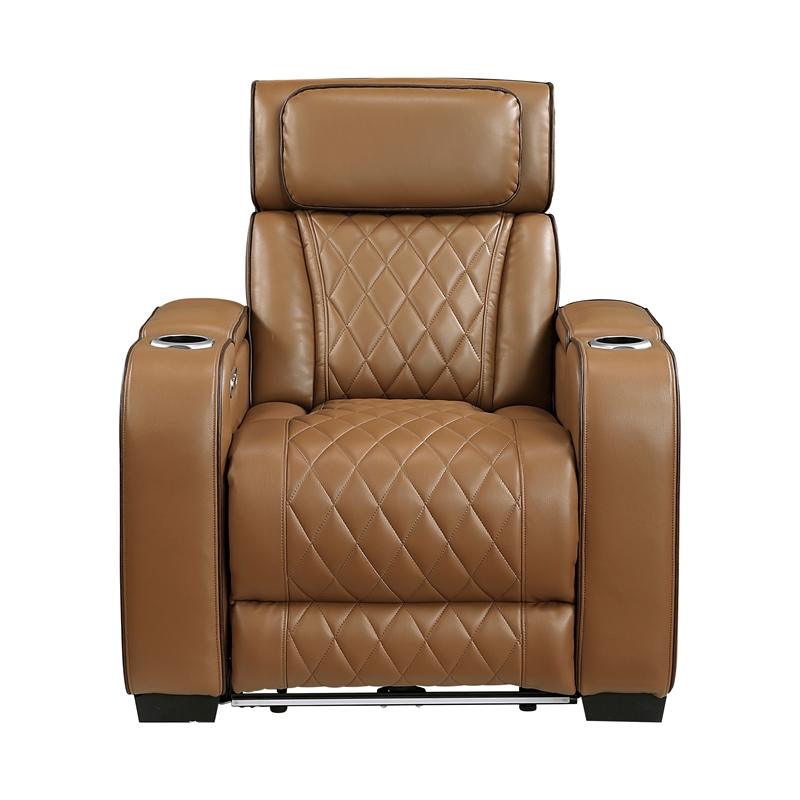 Pemberly Row Faux Leather Power Reclining Sofa LED USB Wireless in Brown