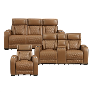 Pemberly Row Faux Leather Power Reclining Sofa LED USB Wireless in Brown