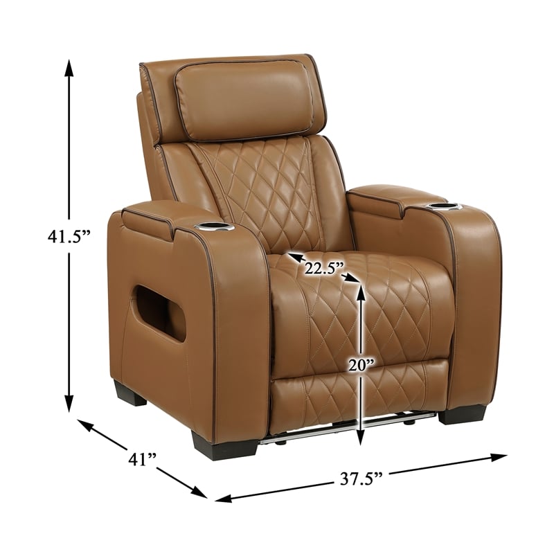 Pemberly Row Faux Leather Power Reclining Sofa LED USB Wireless in Brown