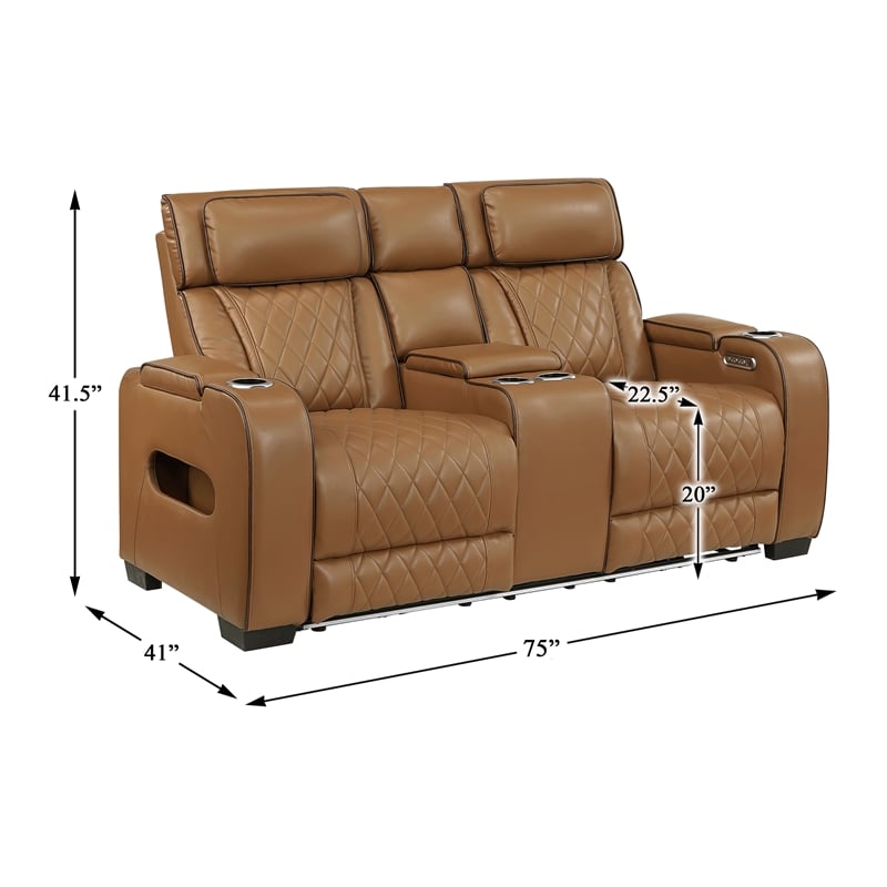 Pemberly Row Faux Leather Power Reclining Sofa LED USB Wireless in Brown