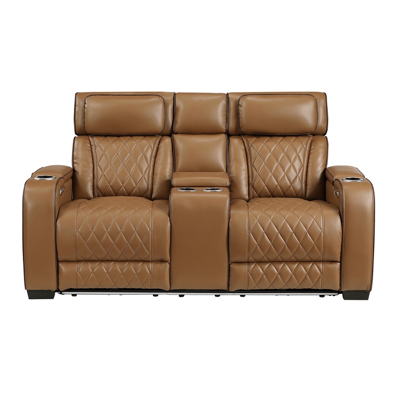 Pemberly Row Faux Leather Power Reclining Sofa LED USB Wireless in Brown