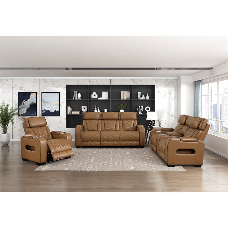 Pemberly Row Faux Leather Power Reclining Sofa LED USB Wireless in Brown