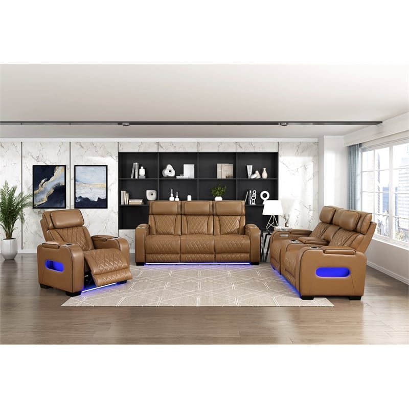 Pemberly Row Faux Leather Power Reclining Sofa LED USB Wireless in Brown