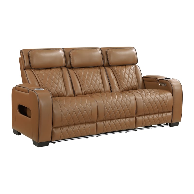 Pemberly Row Faux Leather Power Reclining Sofa LED USB Wireless in Brown