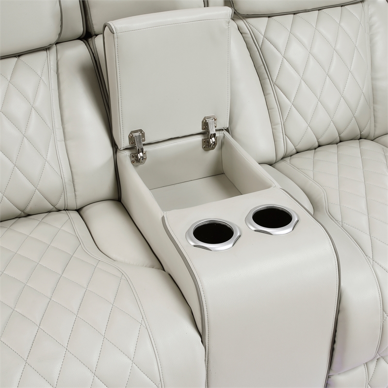 Pemberly Row Faux Leather Power Reclining Loveseat with LED and USB in Taupe