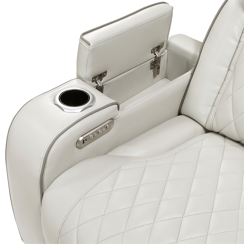 Pemberly Row Faux Leather Power Reclining Loveseat with LED and USB in Taupe