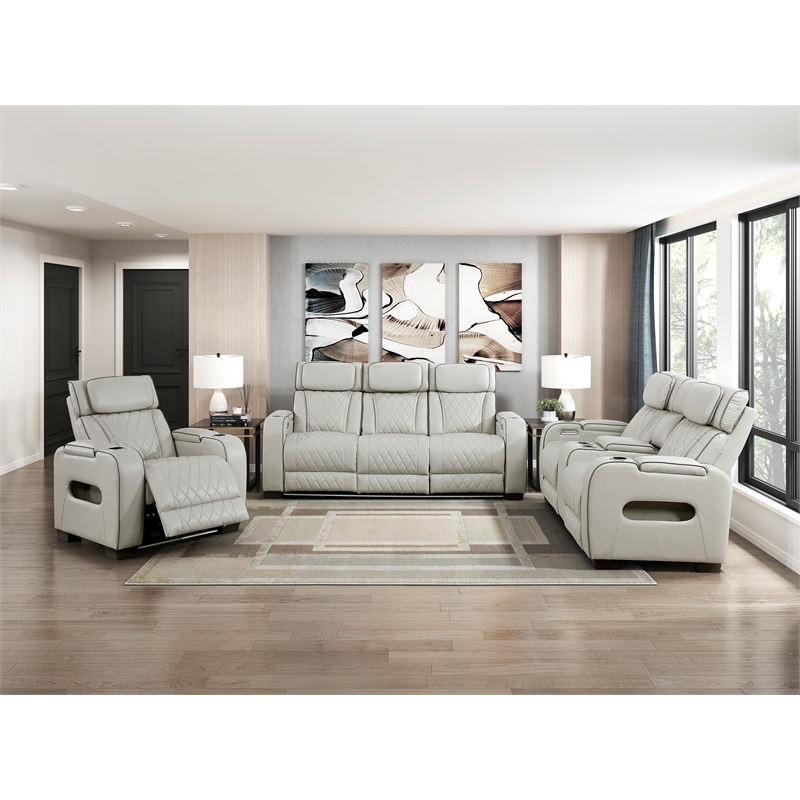 Pemberly Row Faux Leather Power Reclining Loveseat with LED and USB in Taupe