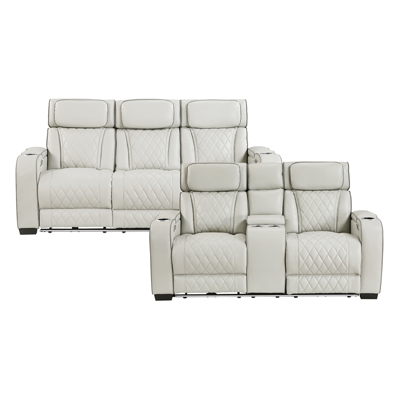 Pemberly Row Faux Leather Power Reclining Loveseat with LED and USB in Taupe