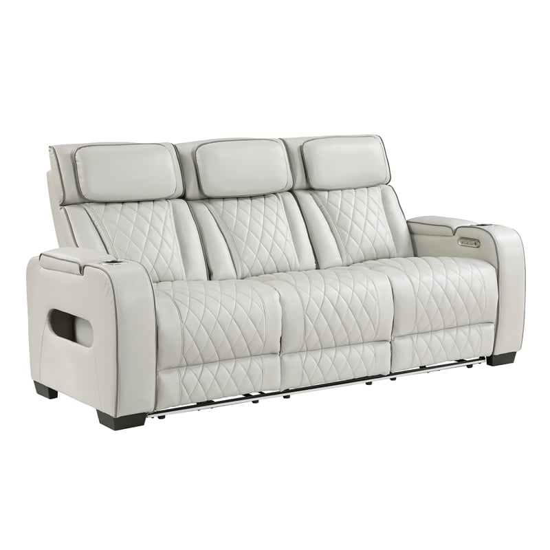 Pemberly Row Faux Leather Power Reclining Sofa LED USB Wireless in Taupe