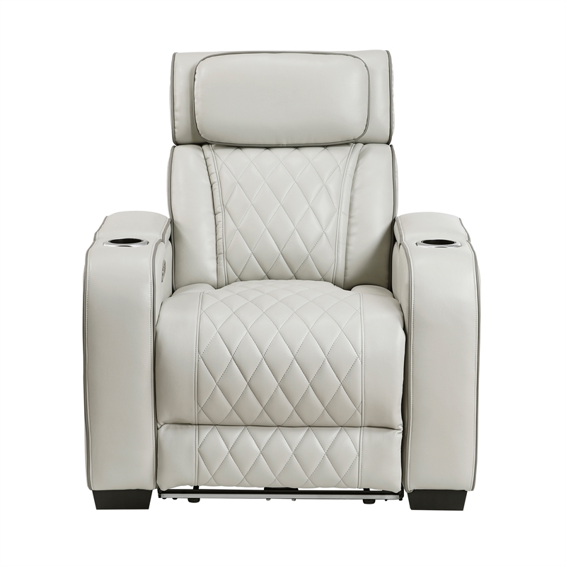 Pemberly Row Faux Leather Power Reclining Sofa LED USB Wireless in Taupe