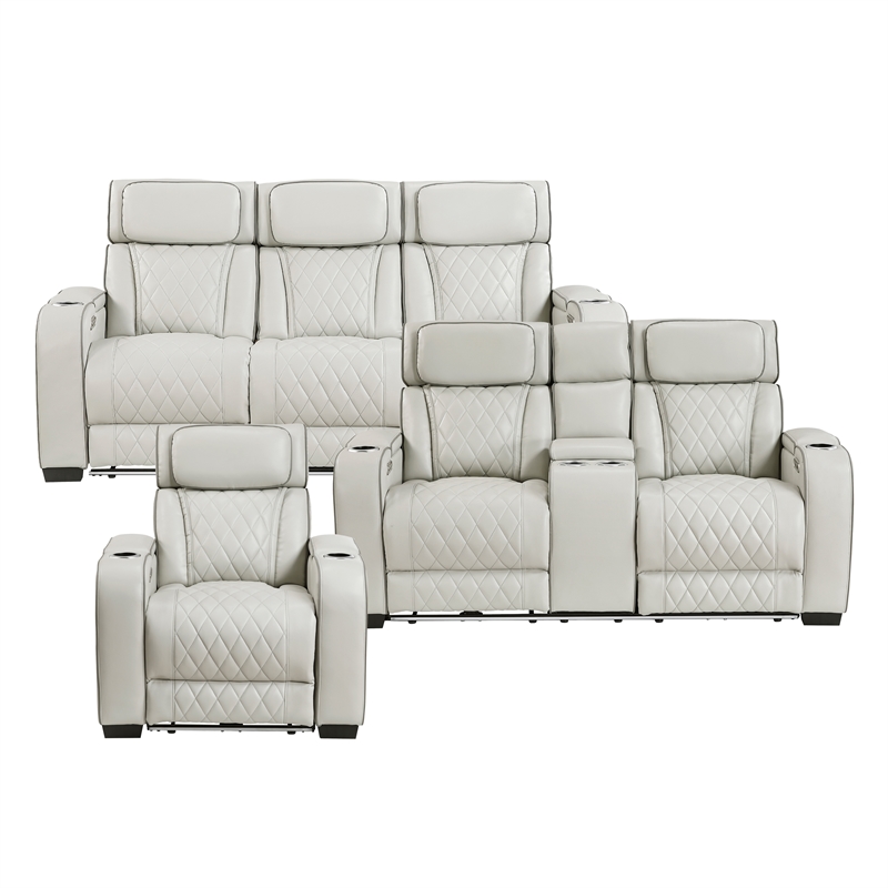 Pemberly Row Faux Leather Power Reclining Sofa LED USB Wireless in Taupe