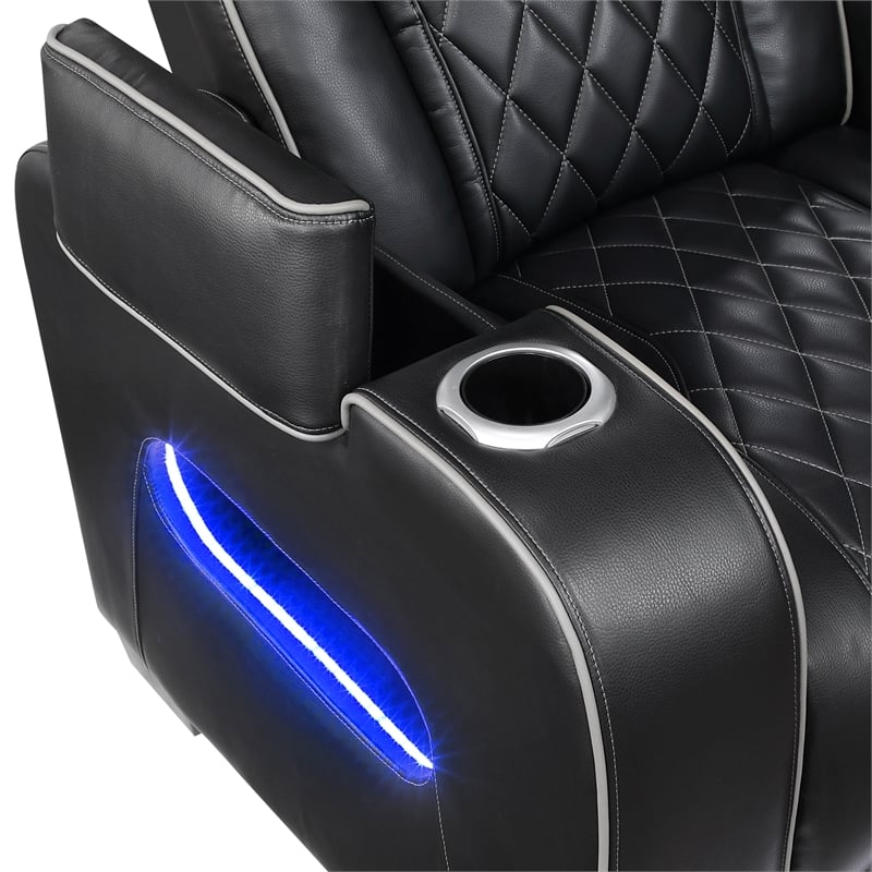 Pemberly Row Faux Leather Power Reclining Loveseat LED USB Console in Black