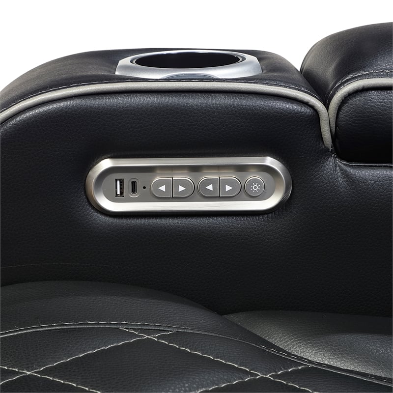 Pemberly Row Faux Leather Power Reclining Loveseat LED USB Console in Black