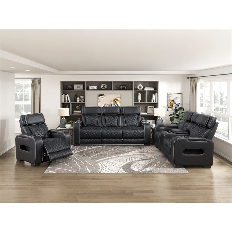 Pemberly Row Faux Leather Power Reclining Loveseat LED USB Console in Black