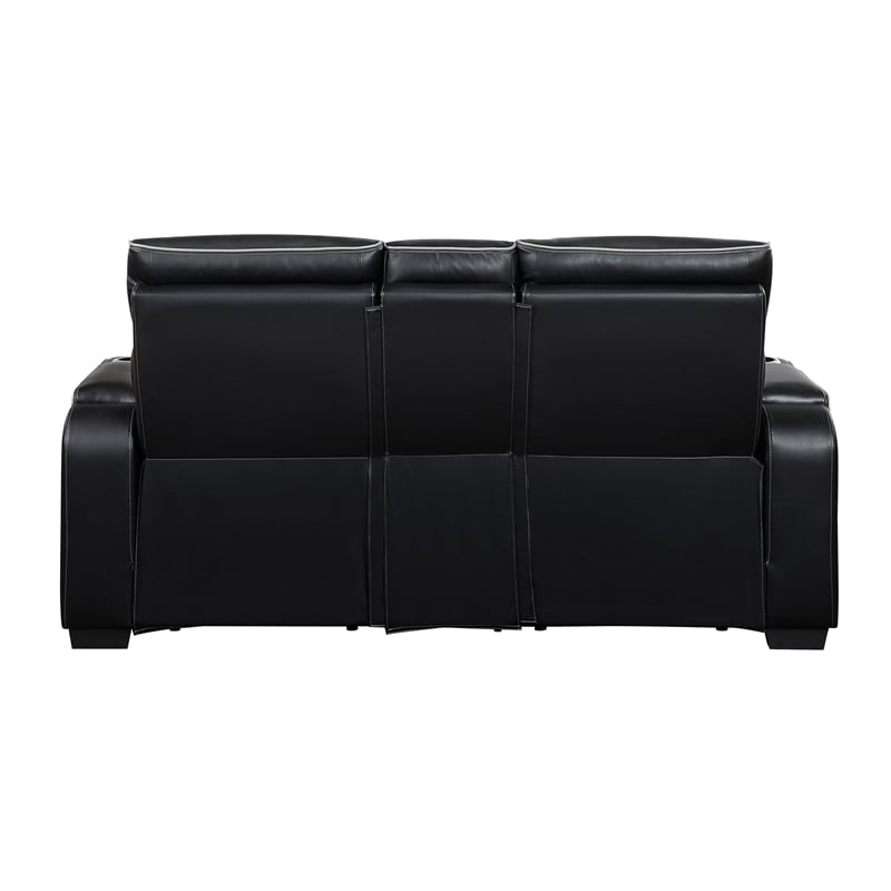 Pemberly Row Faux Leather Power Reclining Loveseat LED USB Console in Black