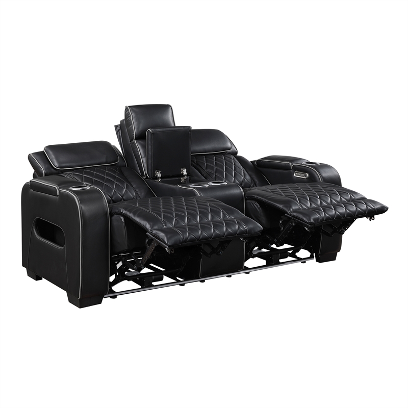 Pemberly Row Faux Leather Power Reclining Loveseat LED USB Console in Black