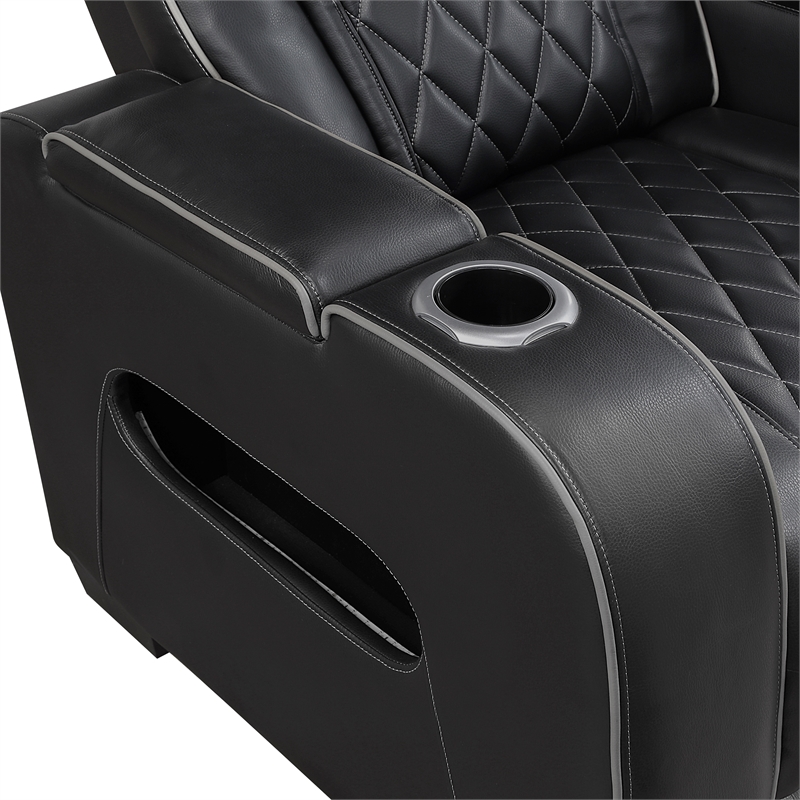 Pemberly Row Faux Leather Power Reclining Loveseat LED USB Console in Black