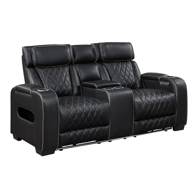 Pemberly Row Faux Leather Power Reclining Loveseat LED USB Console in Black