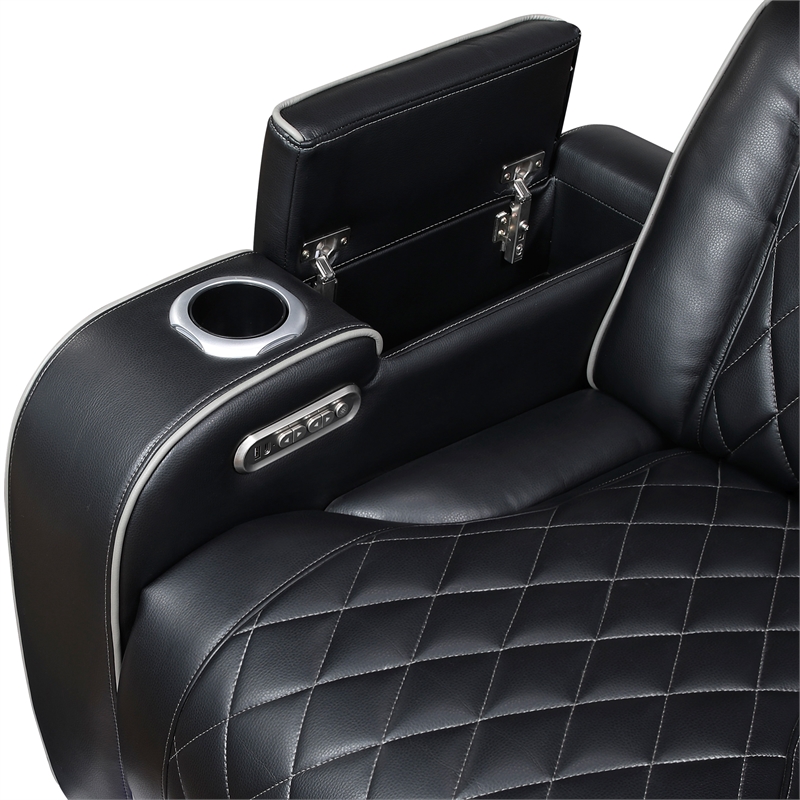Pemberly Row Faux Leather Power Reclining Sofa LED Wireless USB in Black