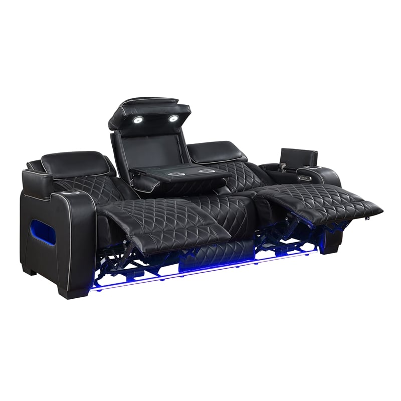 Pemberly Row Faux Leather Power Reclining Sofa LED Wireless USB in Black
