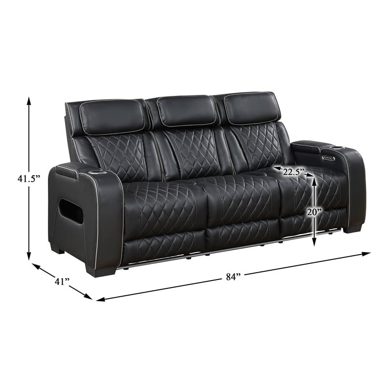 Pemberly Row Faux Leather Power Reclining Sofa LED Wireless USB in Black