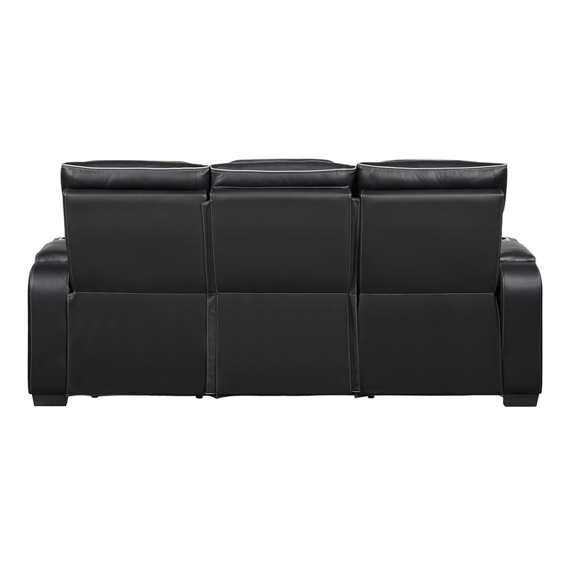 Pemberly Row Faux Leather Power Reclining Sofa LED Wireless USB in Black