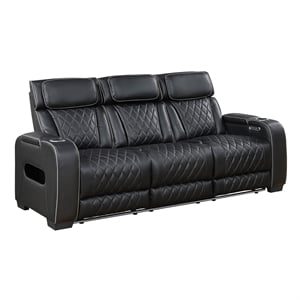 Pemberly Row Faux Leather Power Reclining Sofa LED Wireless USB in Black
