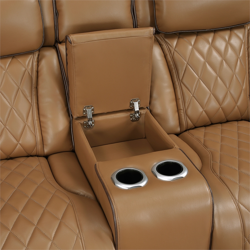 Pemberly Row Faux Leather Power Reclining Loveseat LED USB Console in Brown