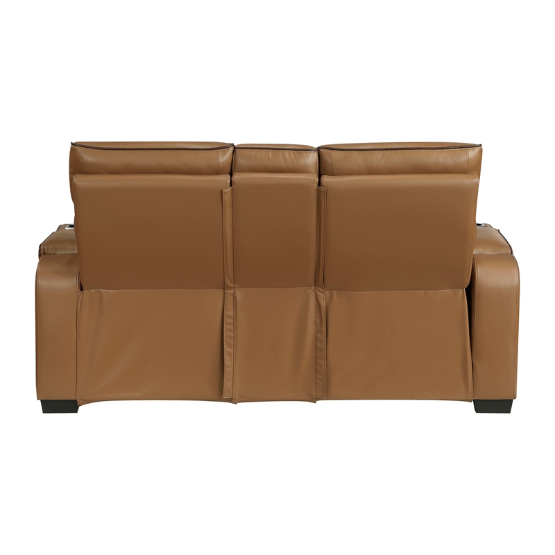 Pemberly Row Faux Leather Power Reclining Loveseat LED USB Console in Brown