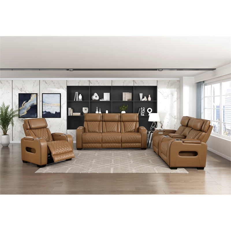 Pemberly Row Faux Leather Power Reclining Sofa LED Wireless USB in Brown
