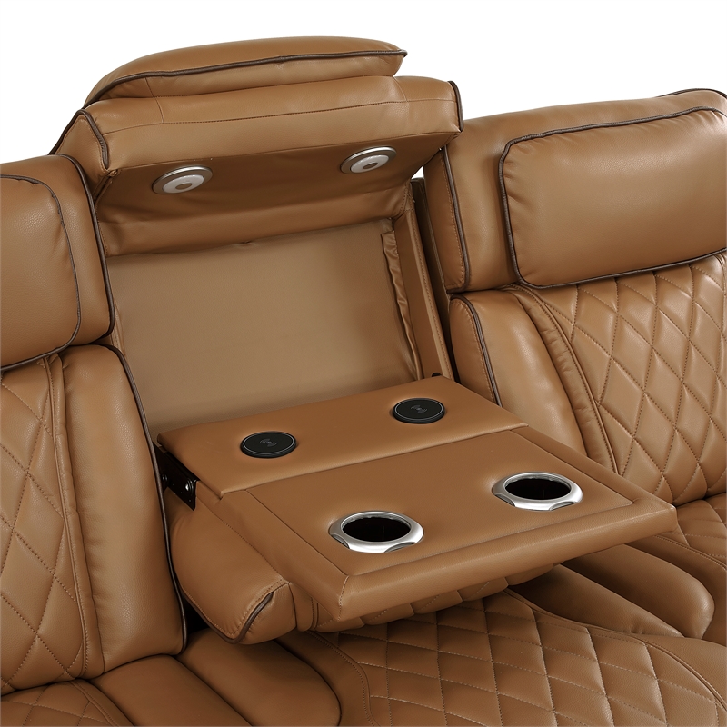 Pemberly Row Faux Leather Power Reclining Sofa LED Wireless USB in Brown