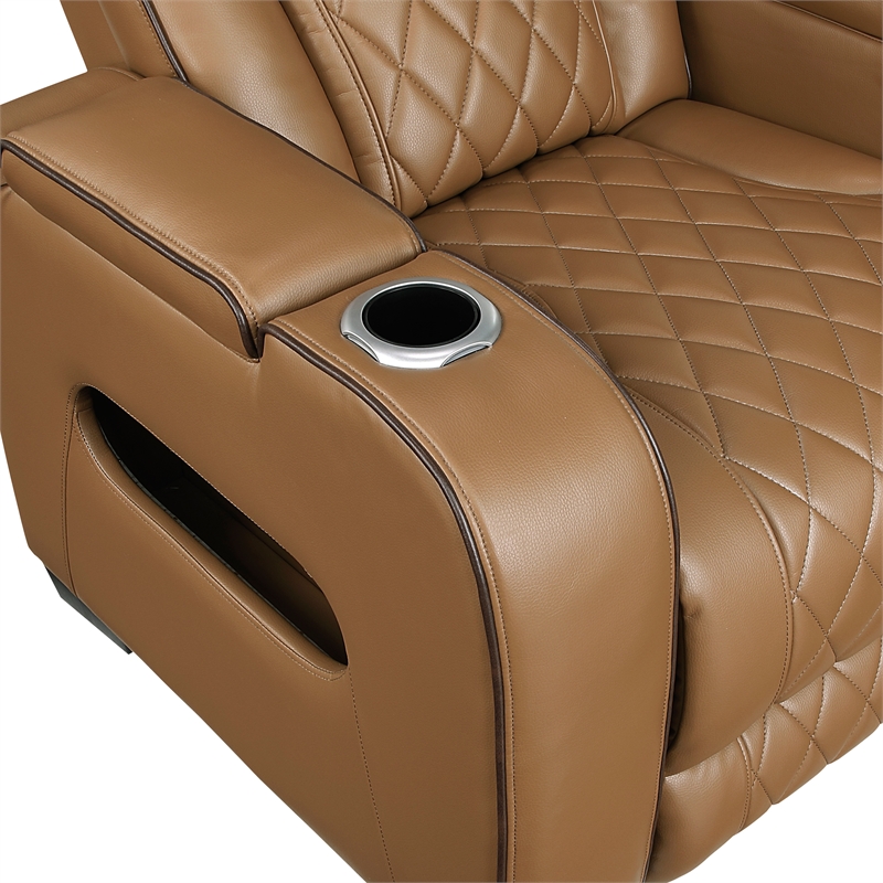 Pemberly Row Faux Leather Power Reclining Sofa LED Wireless USB in Brown