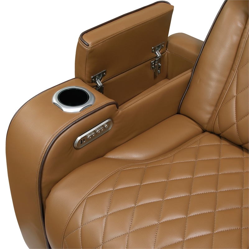 Pemberly Row Faux Leather Power Reclining Sofa LED Wireless USB in Brown