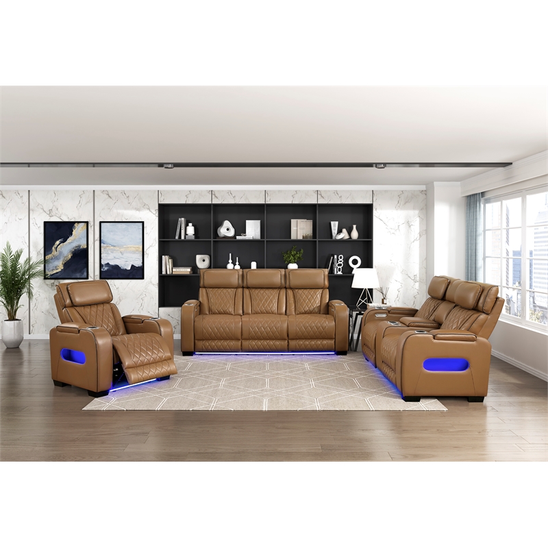 Pemberly Row Faux Leather Power Reclining Sofa LED Wireless USB in Brown