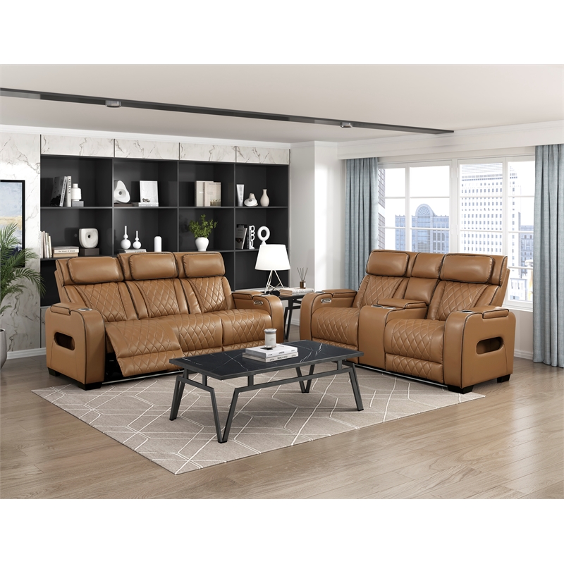 Pemberly Row Faux Leather Power Reclining Sofa LED Wireless USB in Brown