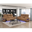 Pemberly Row Faux Leather Power Reclining Sofa LED Wireless USB in Brown