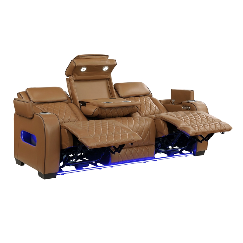 Pemberly Row Faux Leather Power Reclining Sofa LED Wireless USB in Brown