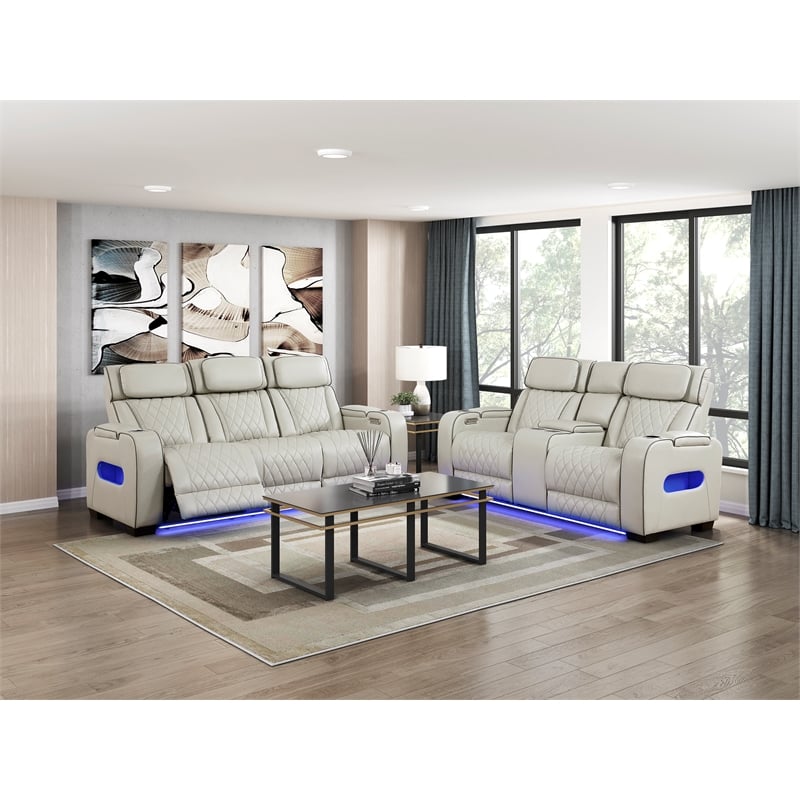 Pemberly Row Faux Leather Power Reclining Loveseat LED USB Console in Taupe