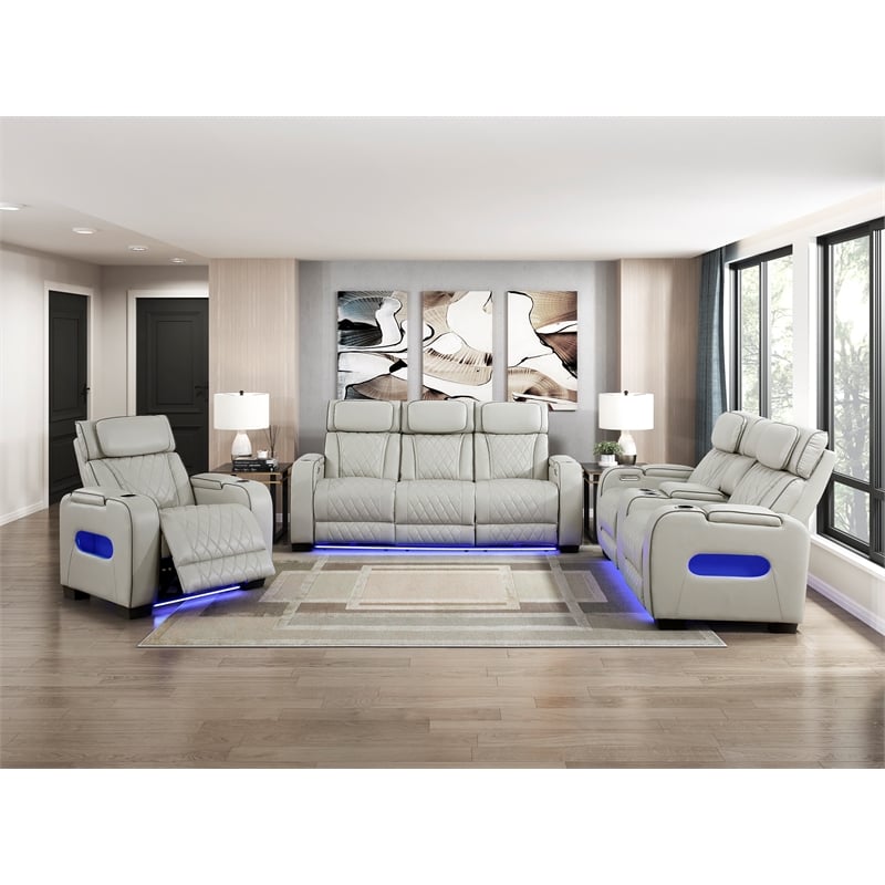 Pemberly Row Faux Leather Power Reclining Loveseat LED USB Console in Taupe