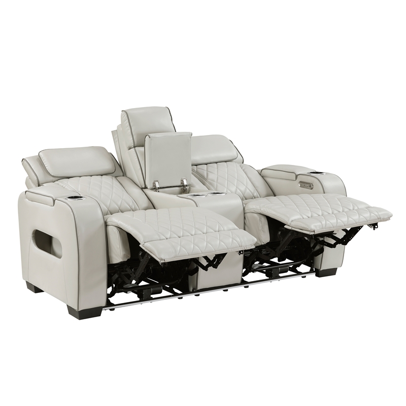 Pemberly Row Faux Leather Power Reclining Loveseat LED USB Console in Taupe
