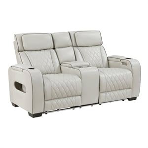 Pemberly Row Faux Leather Power Reclining Loveseat LED USB Console in Taupe