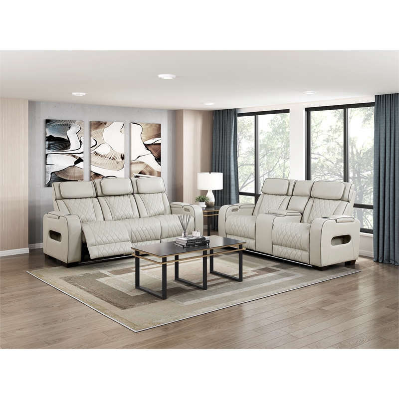 Pemberly Row Faux Leather Power Reclining Sofa LED Wireless USB in Taupe