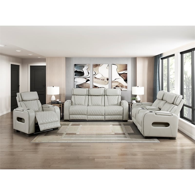 Pemberly Row Faux Leather Power Reclining Sofa LED Wireless USB in Taupe