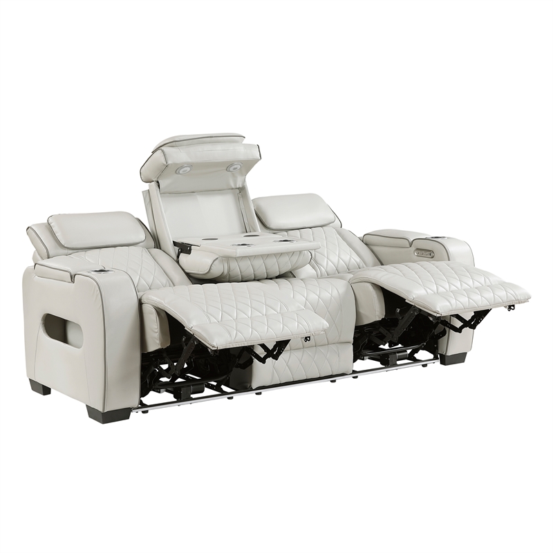 Pemberly Row Faux Leather Power Reclining Sofa LED Wireless USB in Taupe